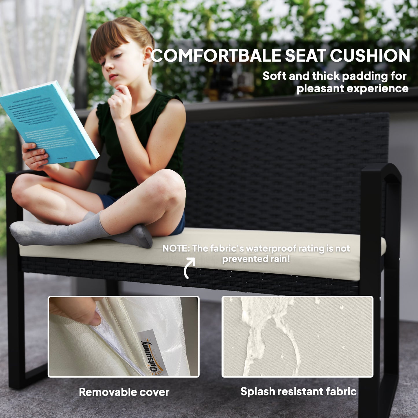 Outsunny Two Seater Rattan Garden Bench Beige Cushioned Seat With Powder Coated Steel Frame