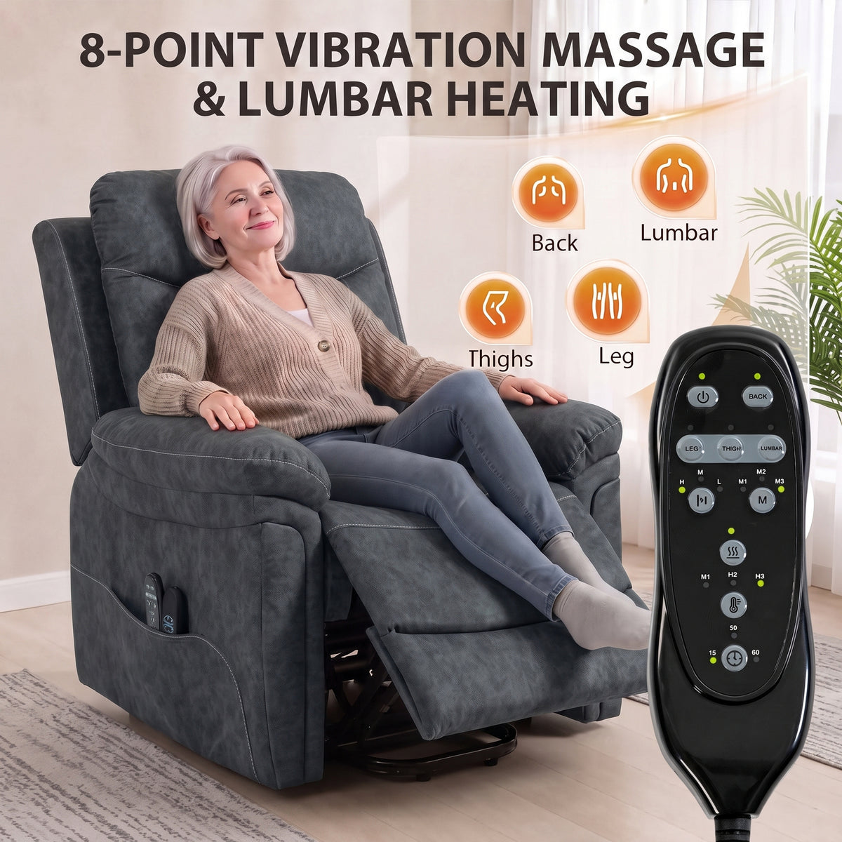 Grey massage heat recliner with handheld remote and side panel controls