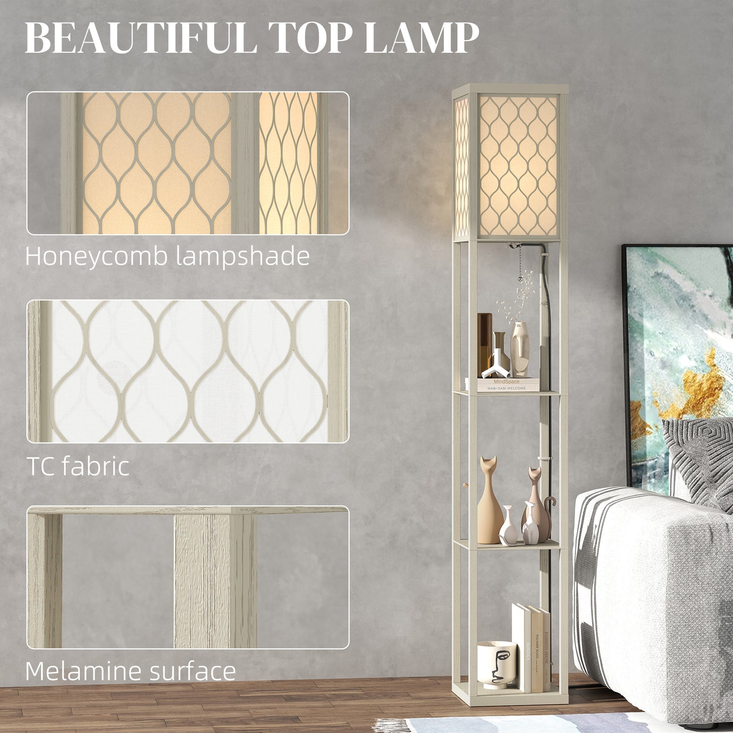 HOMCOM Three Shelf Standing Lamp Oak White With Storage Shelves And Reading Light For Living Room