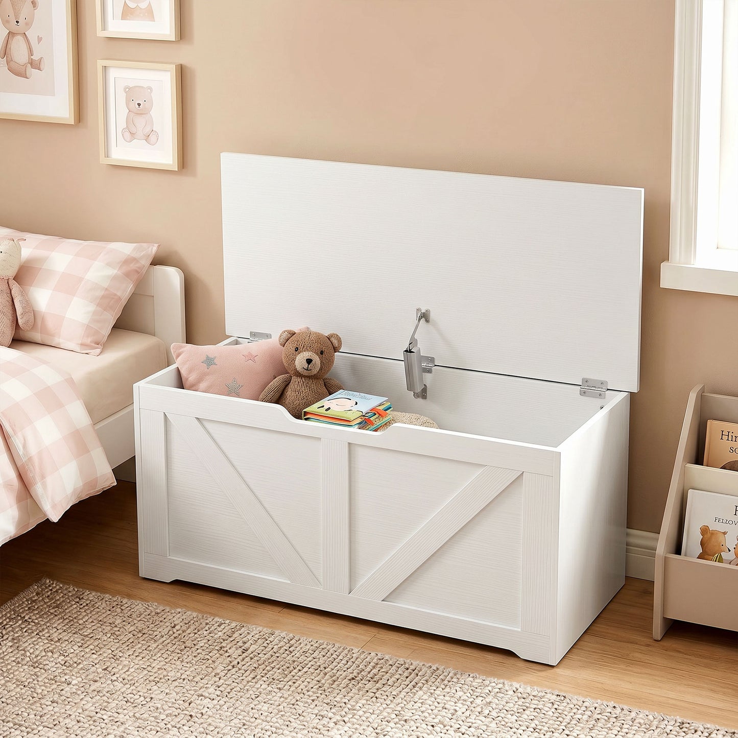 HOMCOM 100L Storage Box With Safety Hinge White Wood Effect Ottoman Trunk for Seating and Storage