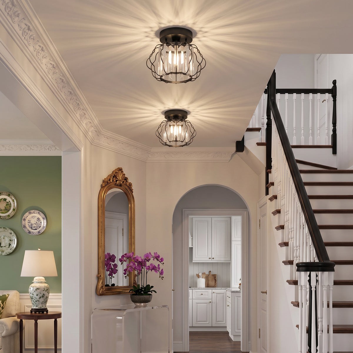 Black semi-flush mount ceiling light with clear crystal bars and open cage frame