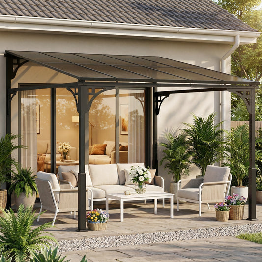 Outsunny 3 x 2.87 m Wall Mounted Lean To Garden Pergola With Polycarbonate Roof And Galvanized Metal Frame