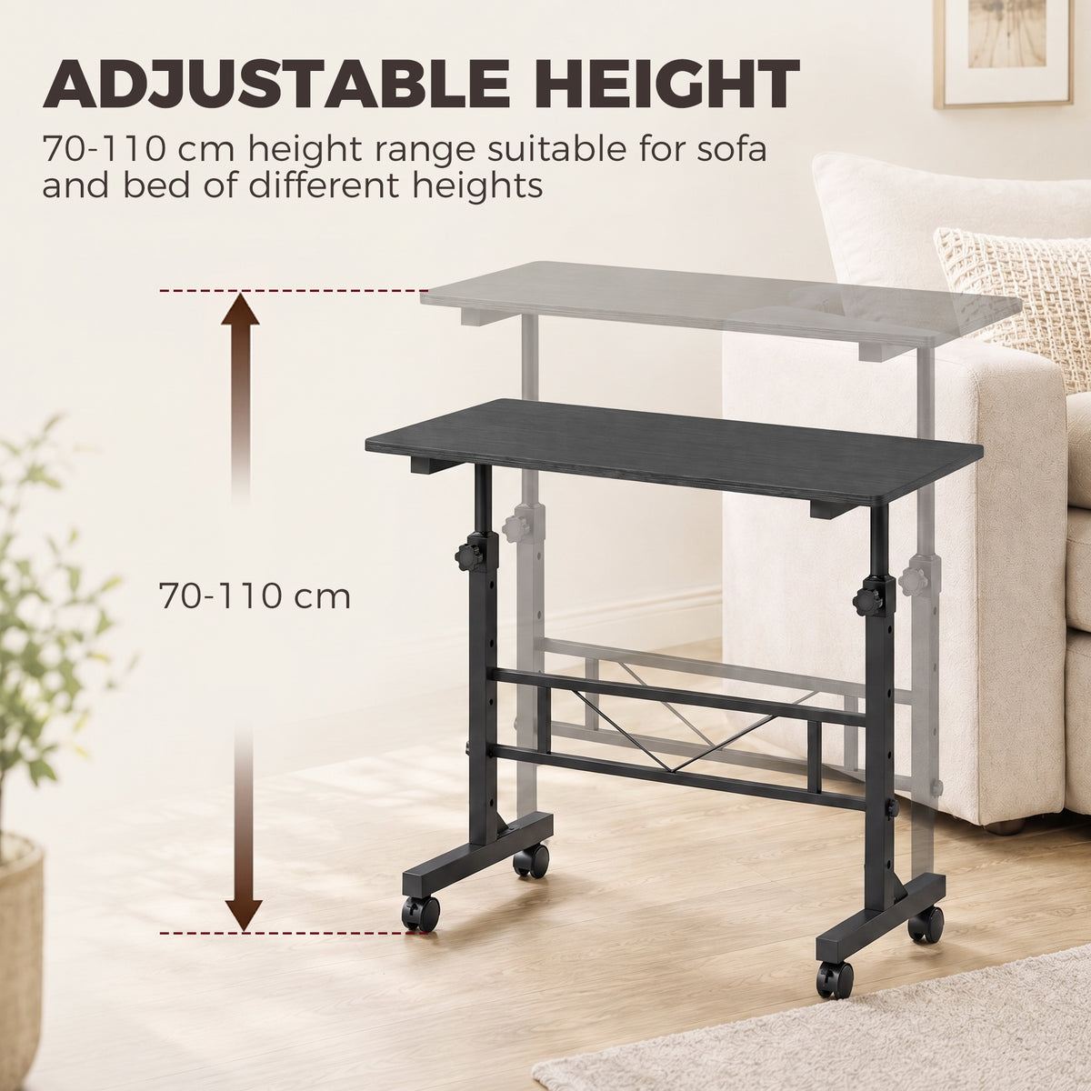 Height-adjustable side table with black top, wheeled legs, and open crossbar frame