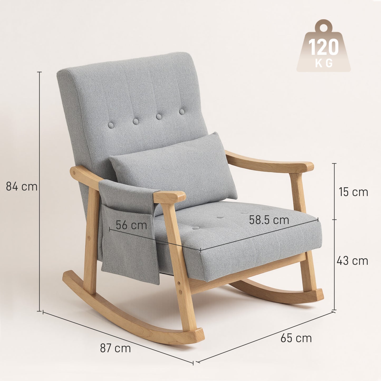 HOMCOM Wood Frame Rocking Accent Chair in Light Grey with Padded Seat and Back and Armrest