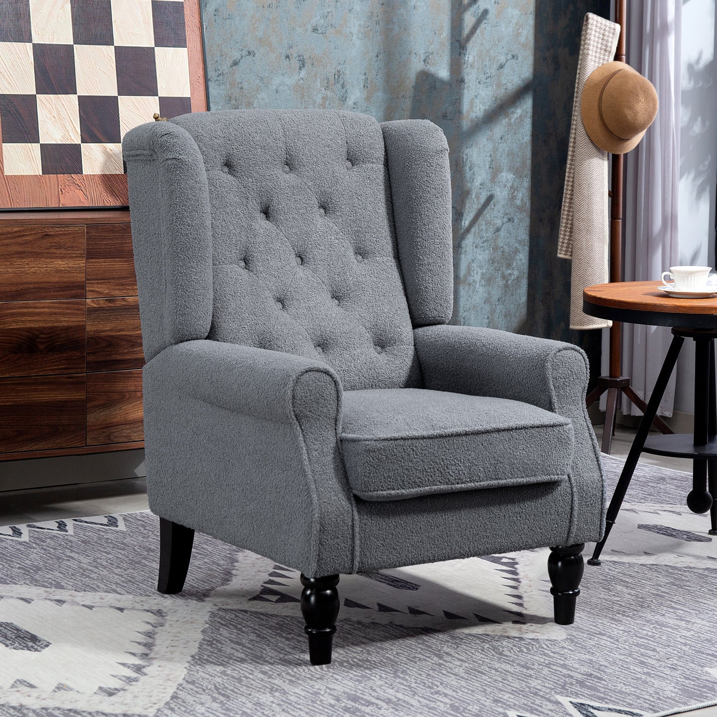 HOMCOM Wingback Accent Chair Retro Upholstered Button Tufted Occasional Chair For Living Room And Bedroom Grey