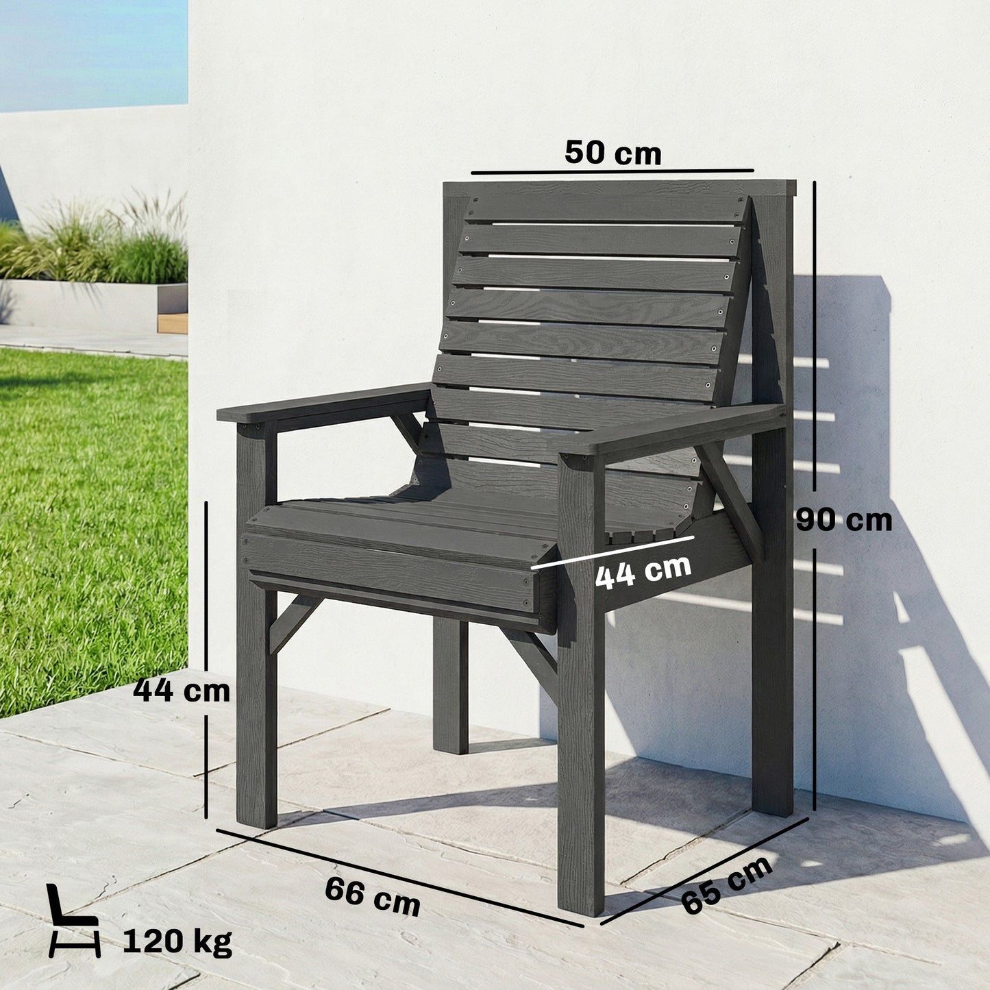 Outsunny Wooden Garden Dining Chair Outdoor Armchair With Curved Seat And Wide Armrests Grey Embossed Finish