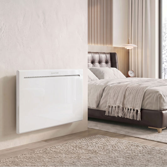 Freestanding white panel heater with slim top grille and raised feet