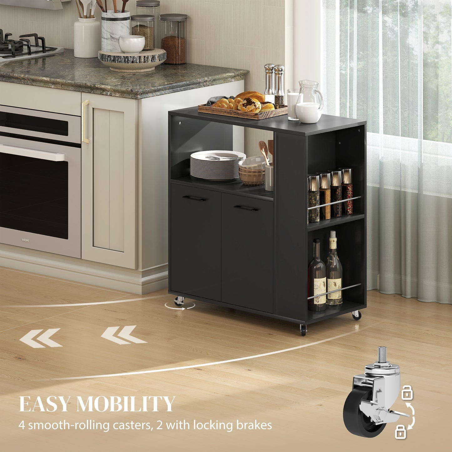 HOMCOM Kitchen Trolley On Wheels Rolling Kitchen Island Cart With 2 Door Cabinet Spice Rack And Adjustable Shelf Black