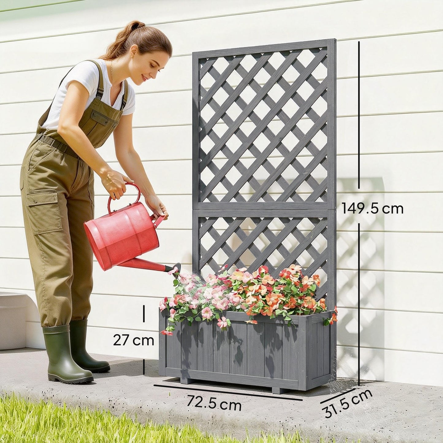 Outsunny Wooden Planter With Trellis For Climbing Plants Herbs And Flowers Raised Bed Planter Box Grey