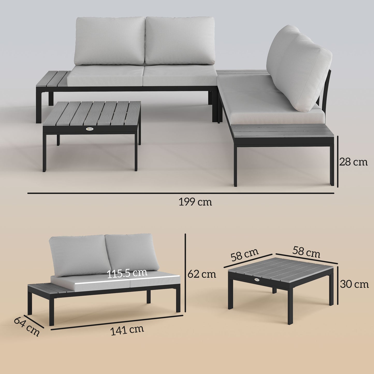Outsunny Four Piece Garden Corner Sofa Set With Two Loveseats And Two Coffee Tables Grey