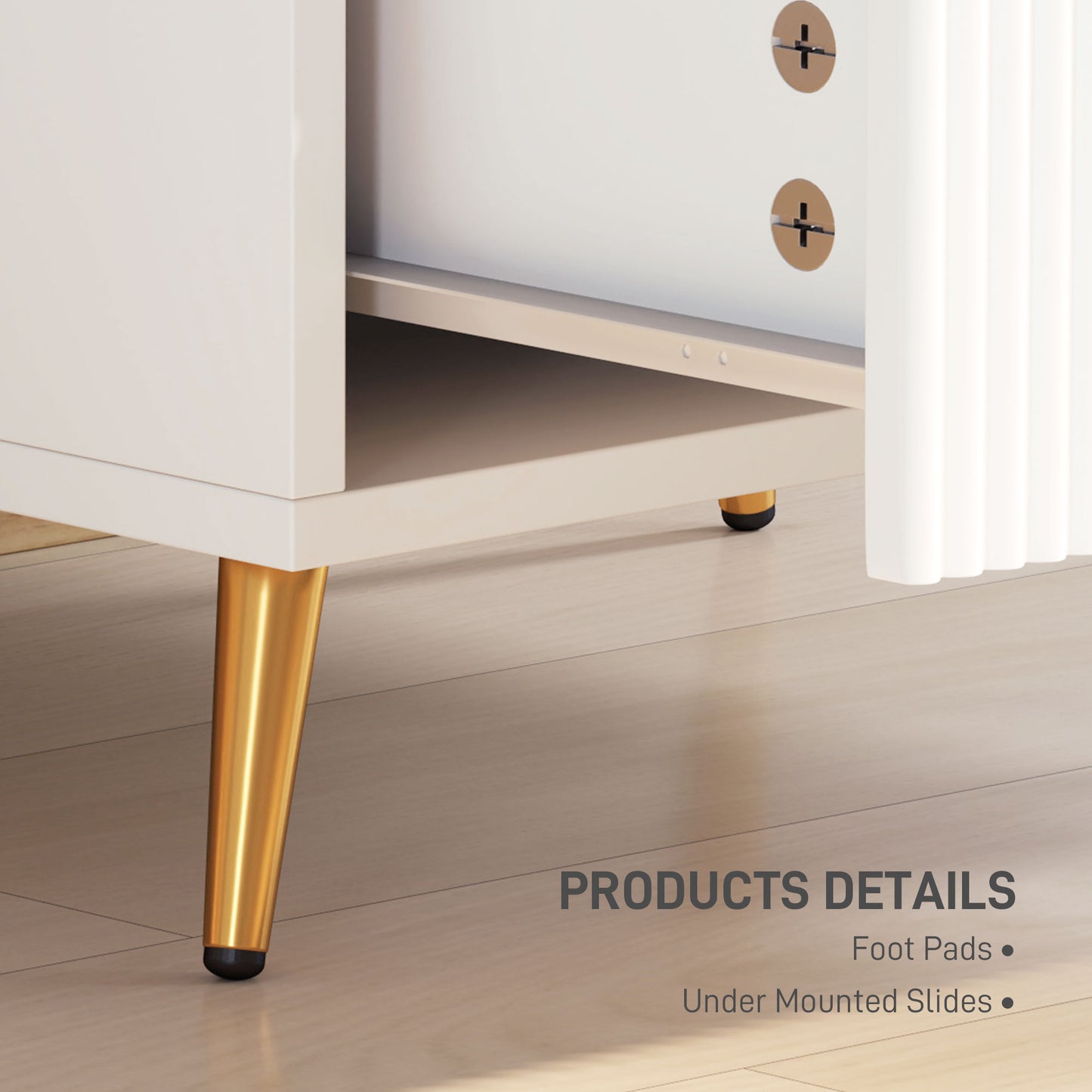 HOMCOM Elegant Two Drawer Bedside Tables Set Of 2 White With Ridged Fronts And Gold Tone Handles