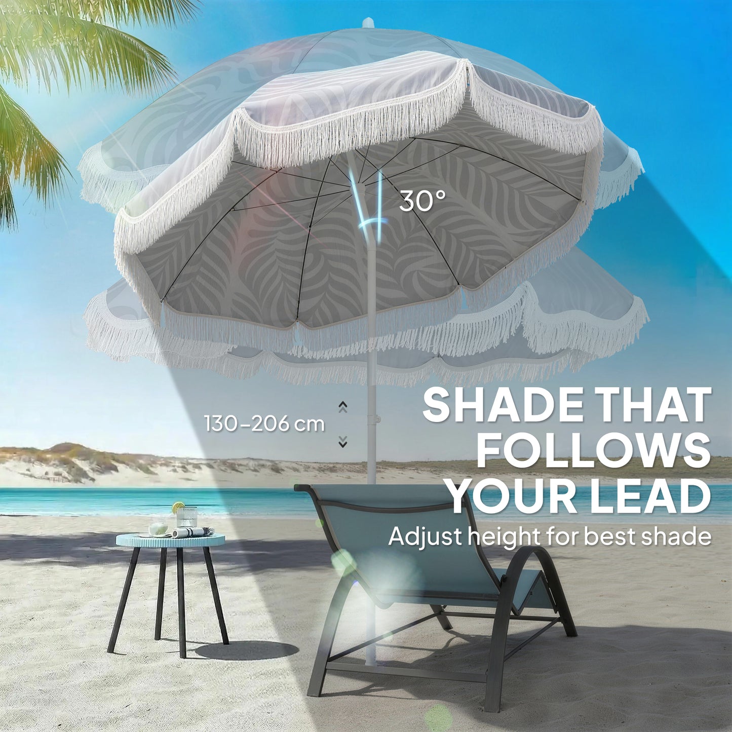 Outsunny 1.8 m Beach Umbrella Parasol With Sand Anchor Portable Tilting Garden Parasol Adjustable Height Light Grey