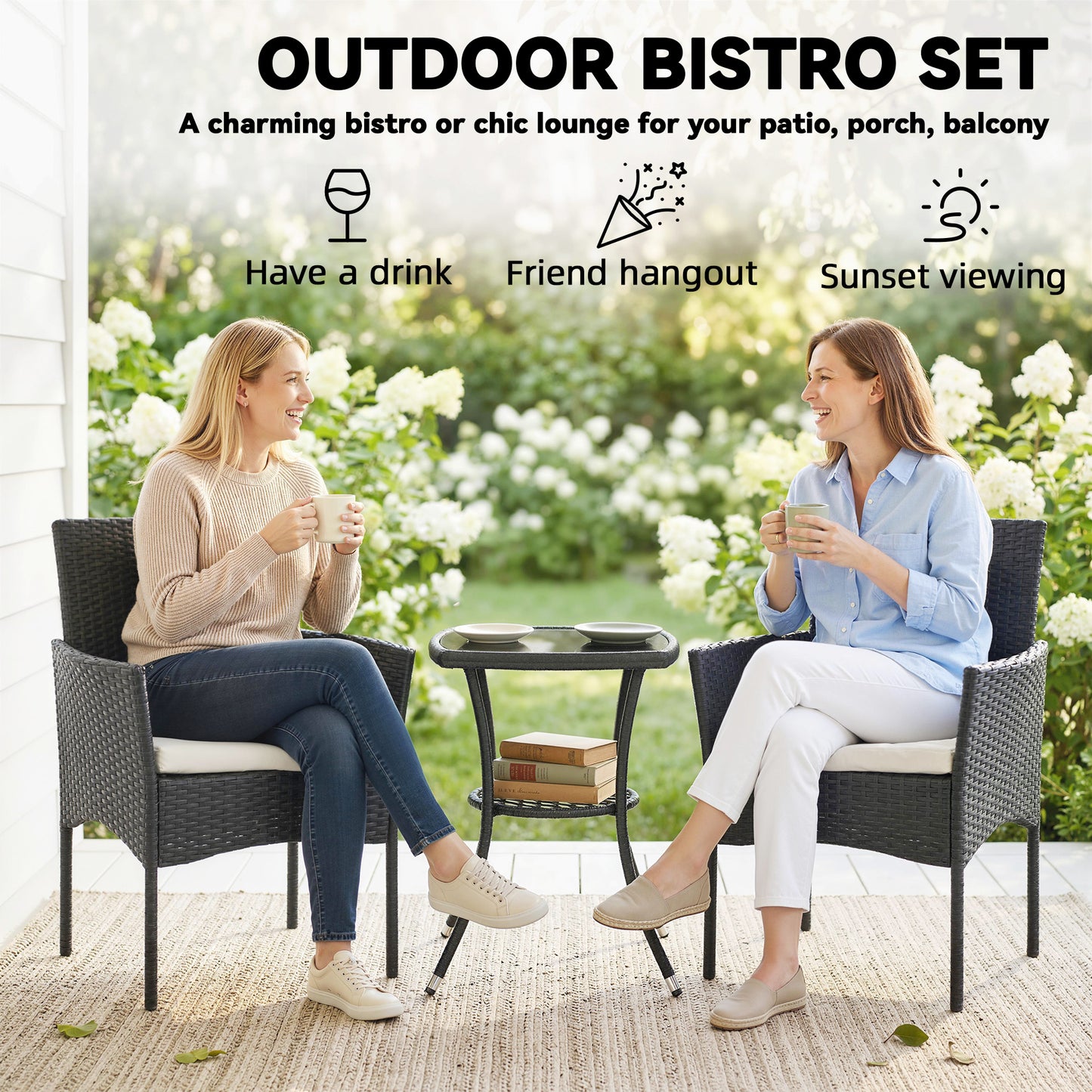 Outsunny 3 Piece Rattan Bistro Set Outdoor Cream White With 2 Tier Glass Top Table And Cushioned Chairs