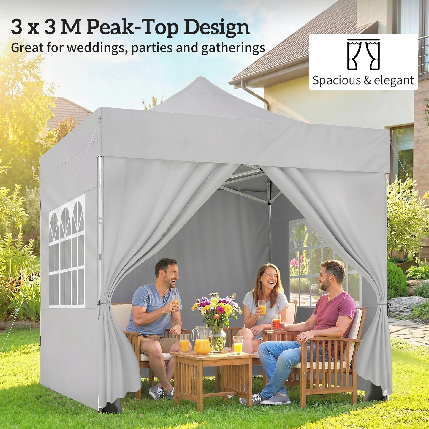 Outsunny 3 x 3 m Pop Up Gazebo With Sidewalls UPF 50 Plus Heavy Duty Garden Tent Marquee Wheeled Carry Bag Silver Grey