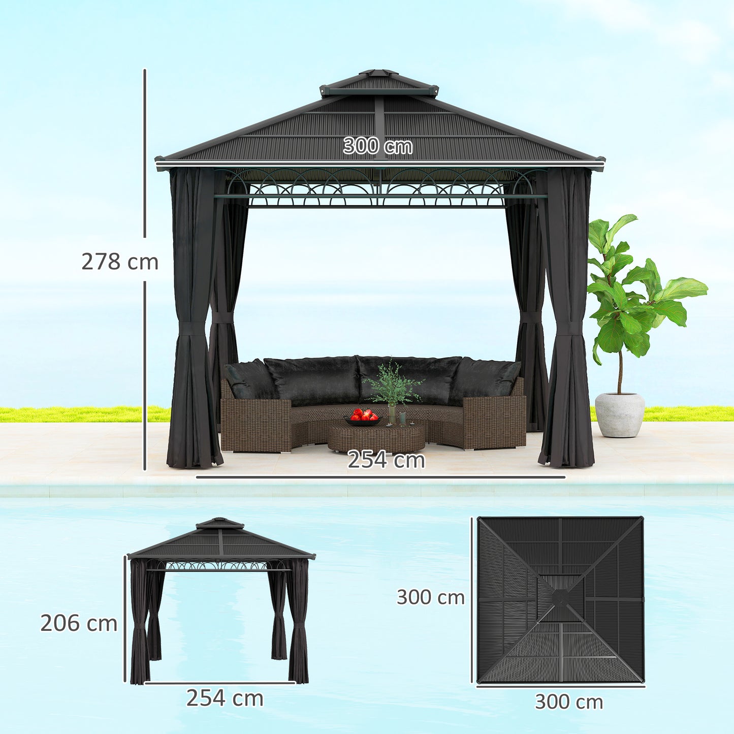 Outsunny 3x3m Outdoor Polycarbonate Gazebo With Double Roof Hard Top Nettings Curtains And Galvanised Steel Frame