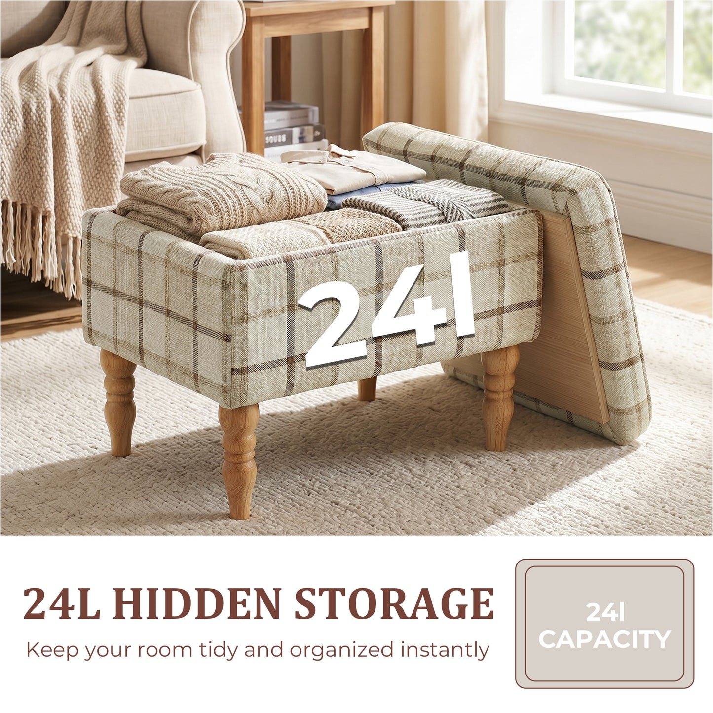 HOMCOM Linen Fabric Upholstered Storage Ottoman Rectangular Footstool With Removable Top Tray Table Hidden Space Brown