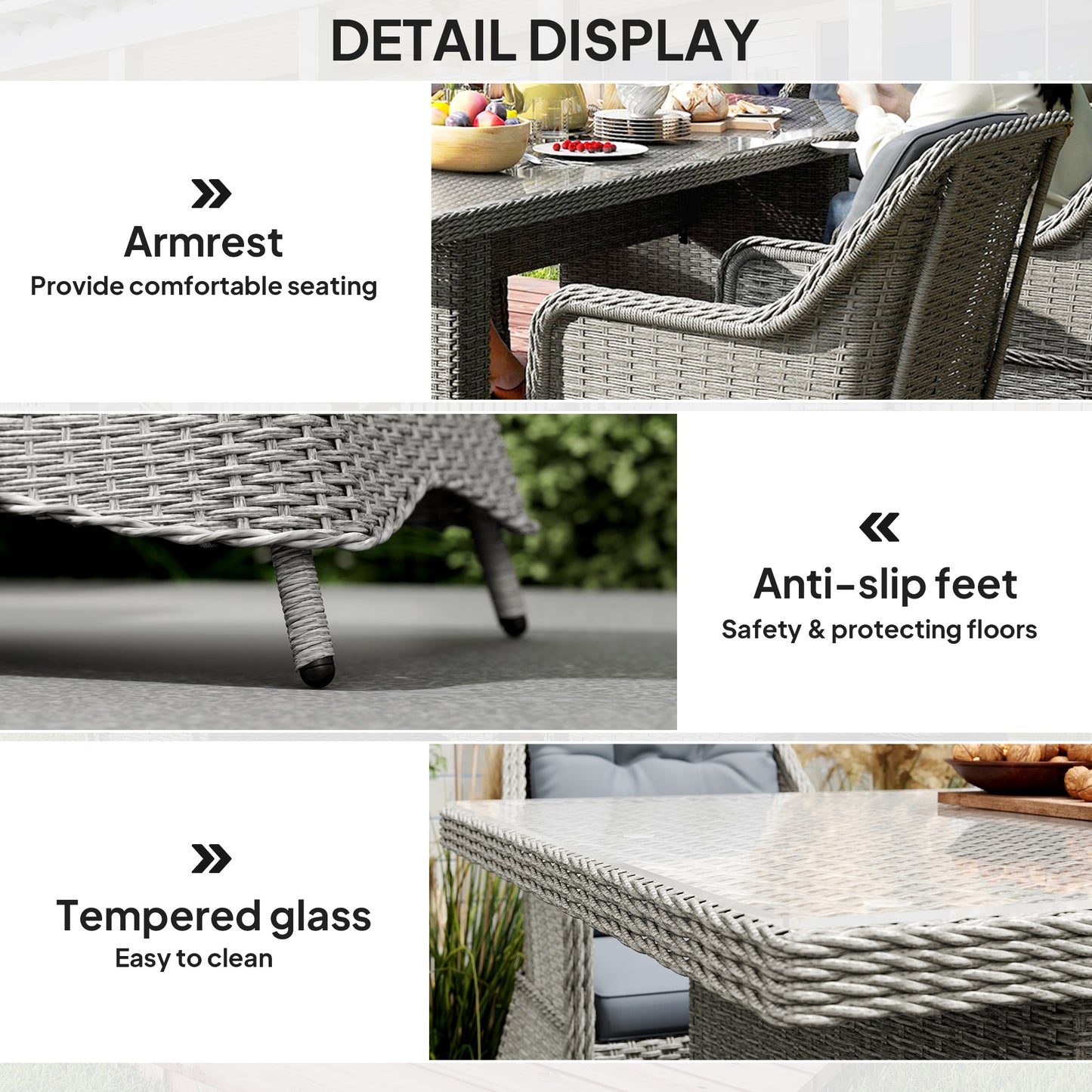 Outsunny Seven Piece Rattan Dining Set In Mixed Grey For Outdoor Garden Patio With Elevated Table And Chairs