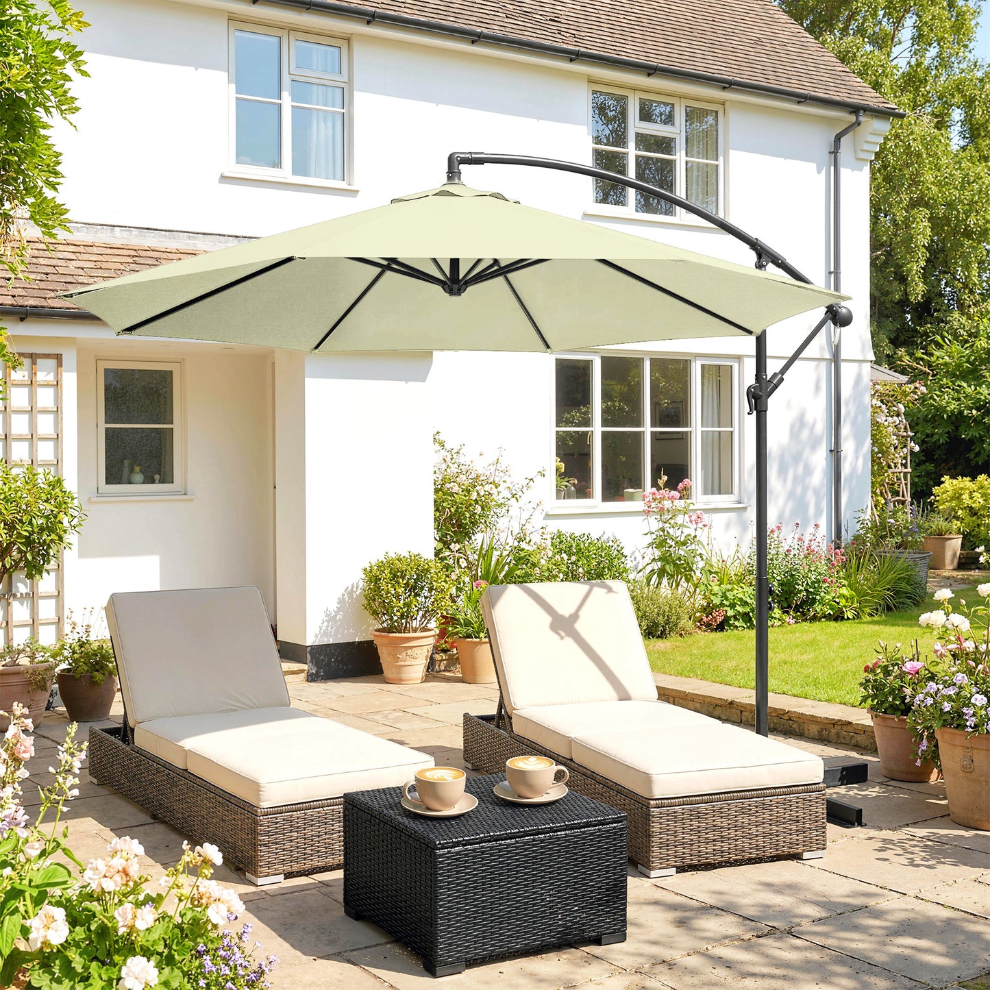 Outsunny 3m Overhanging Cantilever Parasol With Cross Base Beige Outdoor Patio Shade Eight Rib Canopy UV Protected