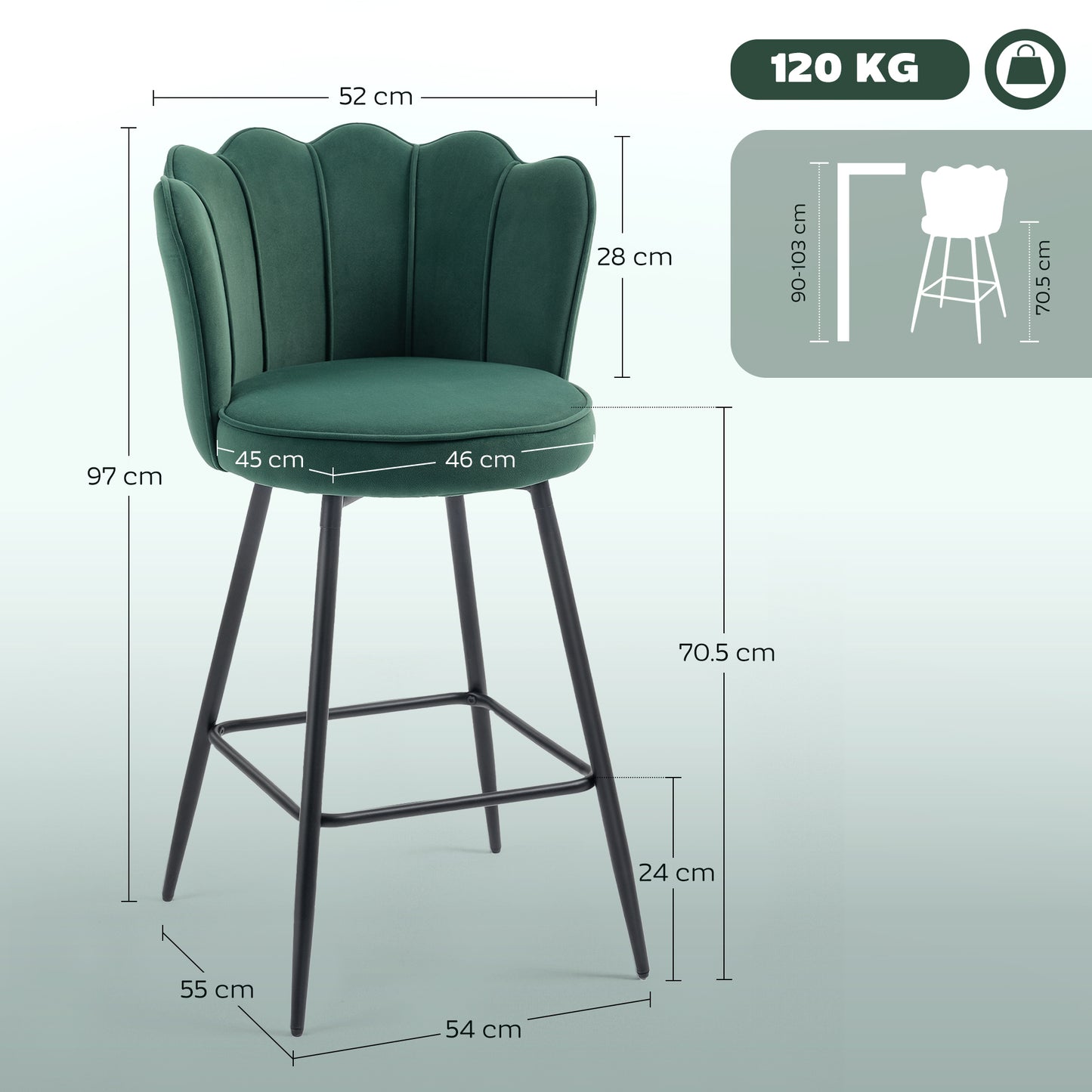 HOMCOM Set Of Two Velvet Feel Lotus Bar Stools Dark Green With High Back And Dense Foam