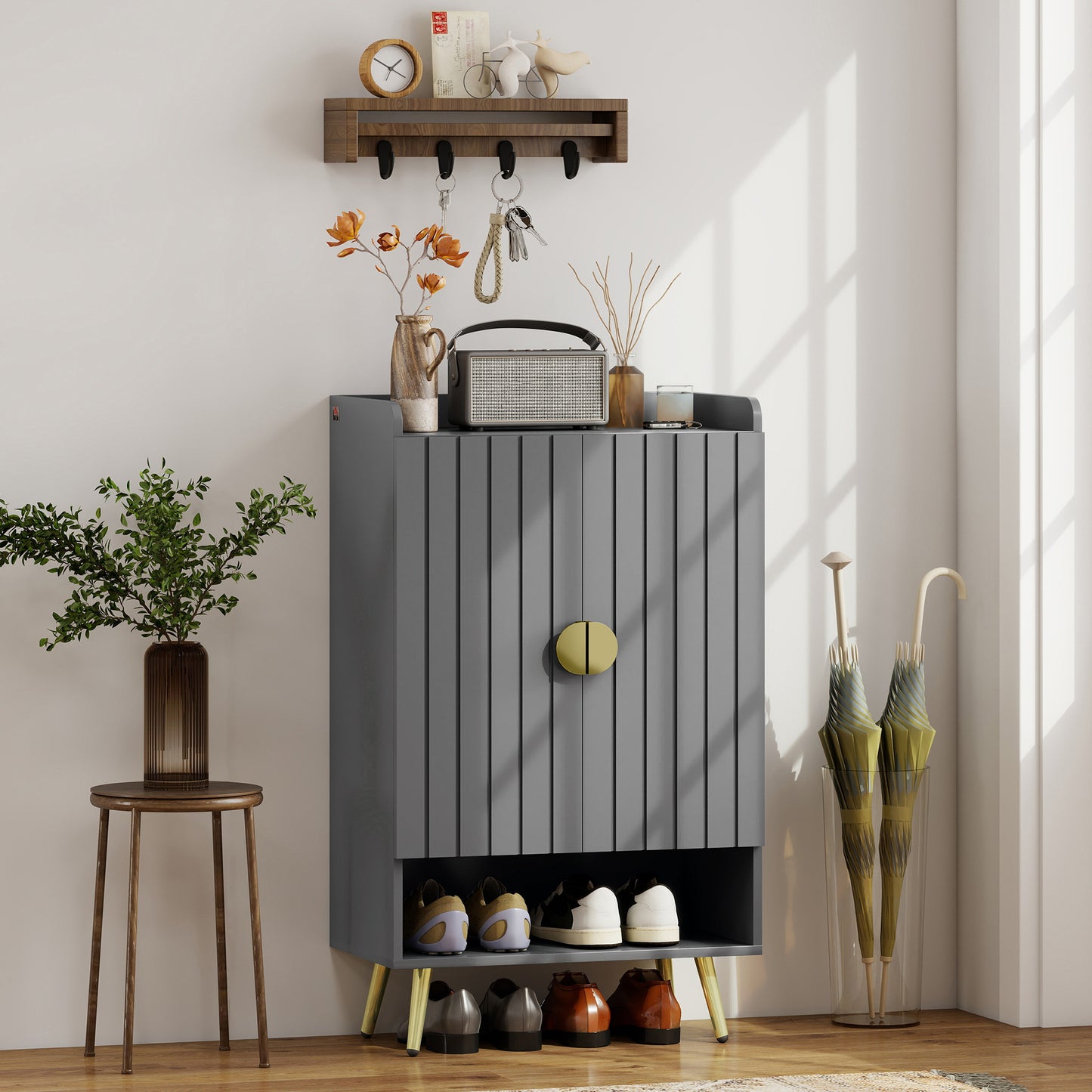 HOMCOM Modern Grey Shoe Cabinet With Two Doors Open Shelf And Adjustable Shelves For 15 Pairs Hallway Entryway Storage