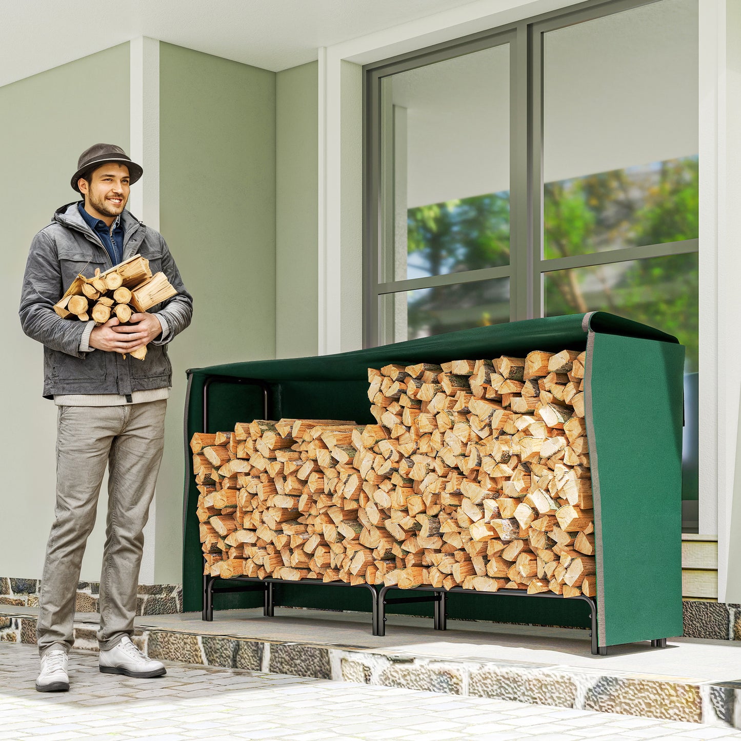 Outsunny Firewood Rack With Waterproof Cover Heavy Duty Metal Log Store For Indoor Outdoor 200 X 36 X 99 CM Dark Green