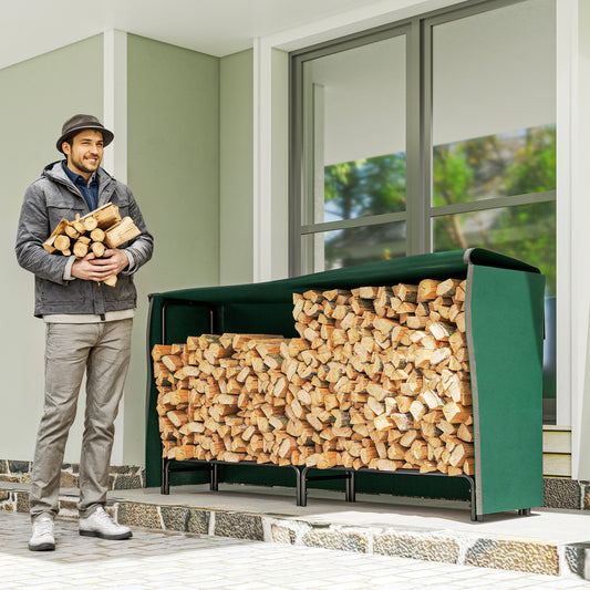 Outsunny Firewood Rack With Waterproof Cover Heavy Duty Metal Log Store For Indoor Outdoor 200 X 36 X 99 CM Dark Green
