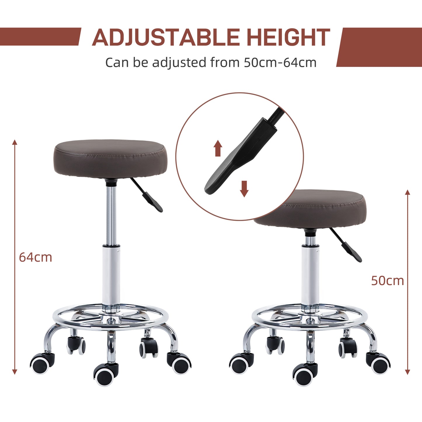 HOMCOM Adjustable Grey PU Leather Rolling Stool with Wheels for Salon and Spa - ALL4U RETAILER LTD