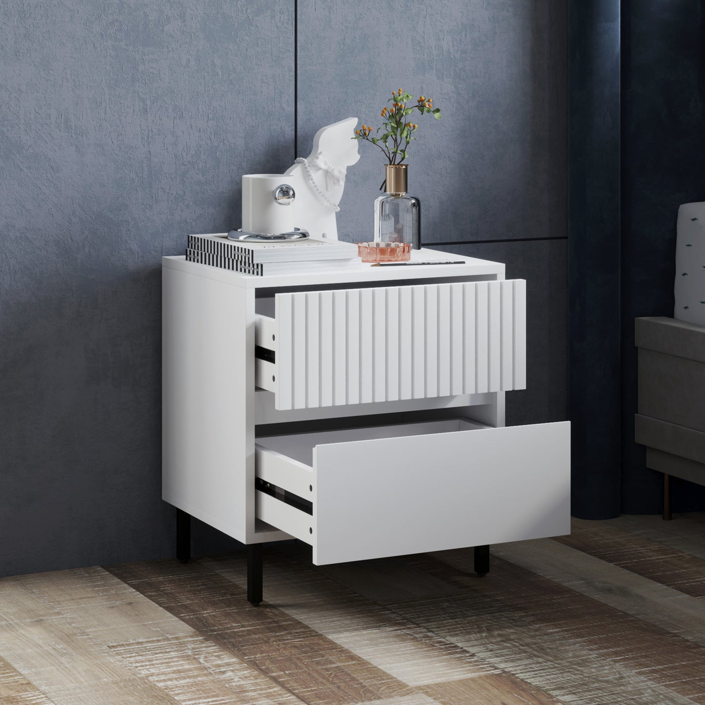 HOMCOM Two Drawer Bedside Tables Set of 2 White Indented Top Drawer Modern Nightstands