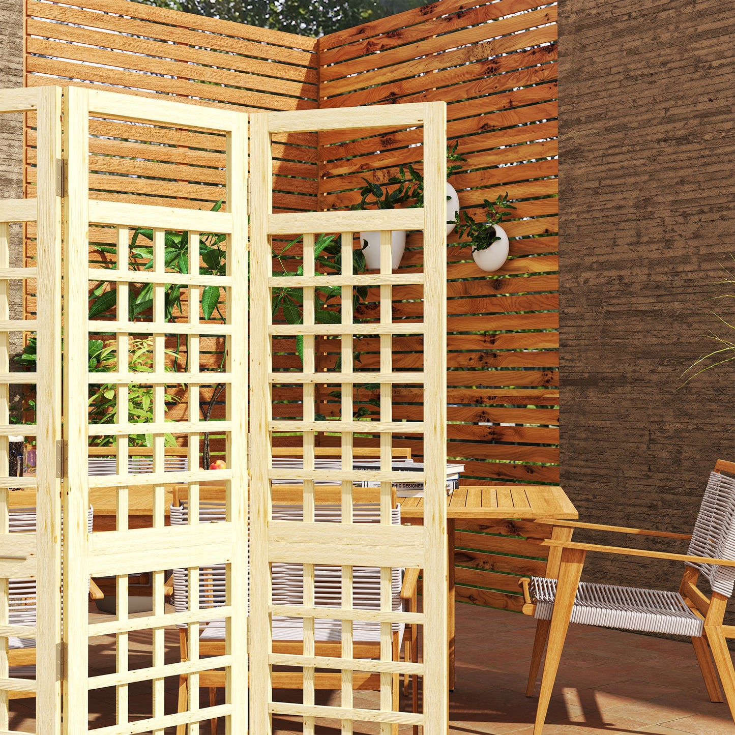 Outsunny 3 Panel Garden Privacy Screen Foldable Wooden Outdoor Divider Trellis 120 x 170 cm Natural Finish