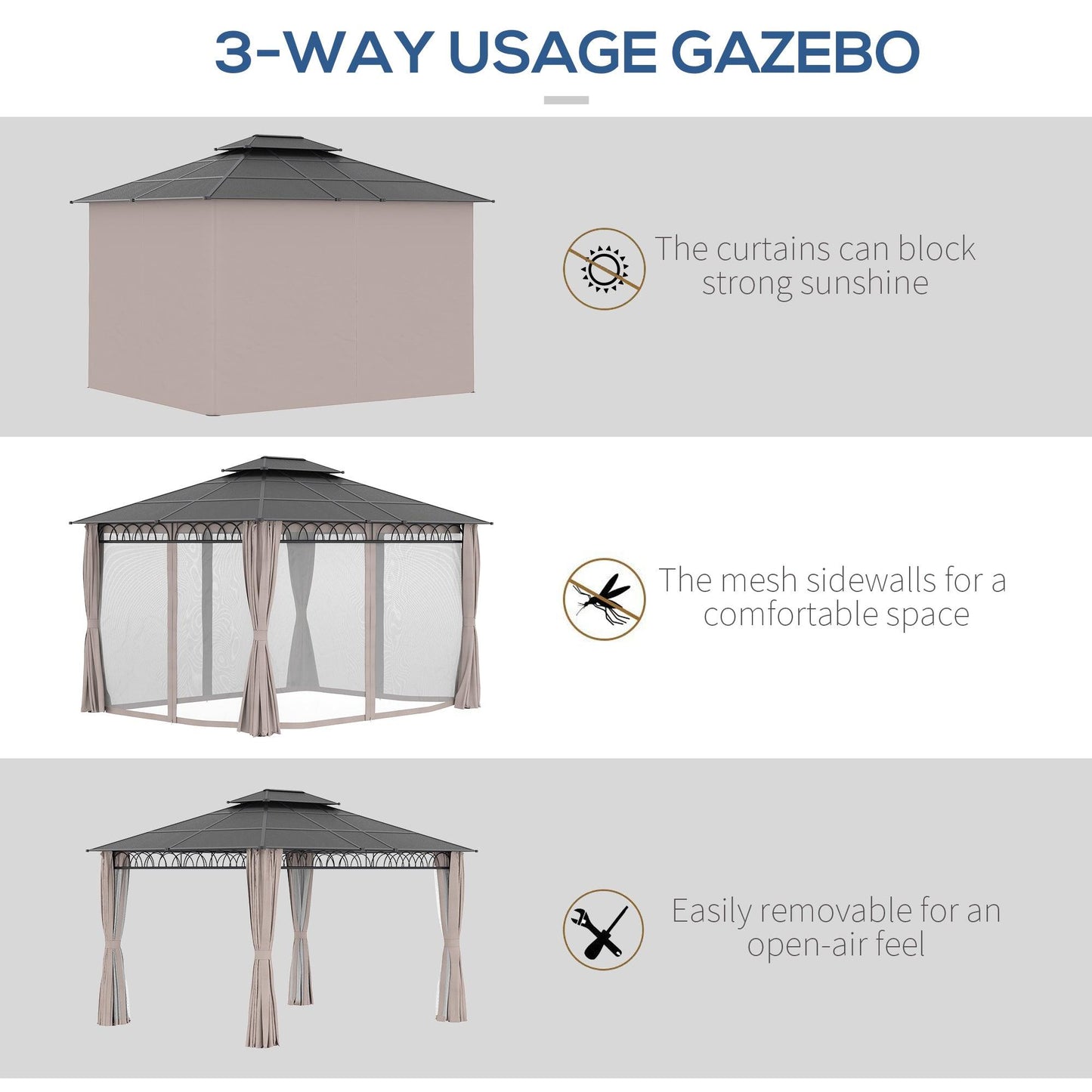 Outsunny 3.6 x 3 (m) Outdoor Polycarbonate Gazebo, DoubleÂ Roof Hard Top Gazebo with NettingsÂ &Â Curtains for Garden, Lawn, Patio - ALL4U RETAILER LTD