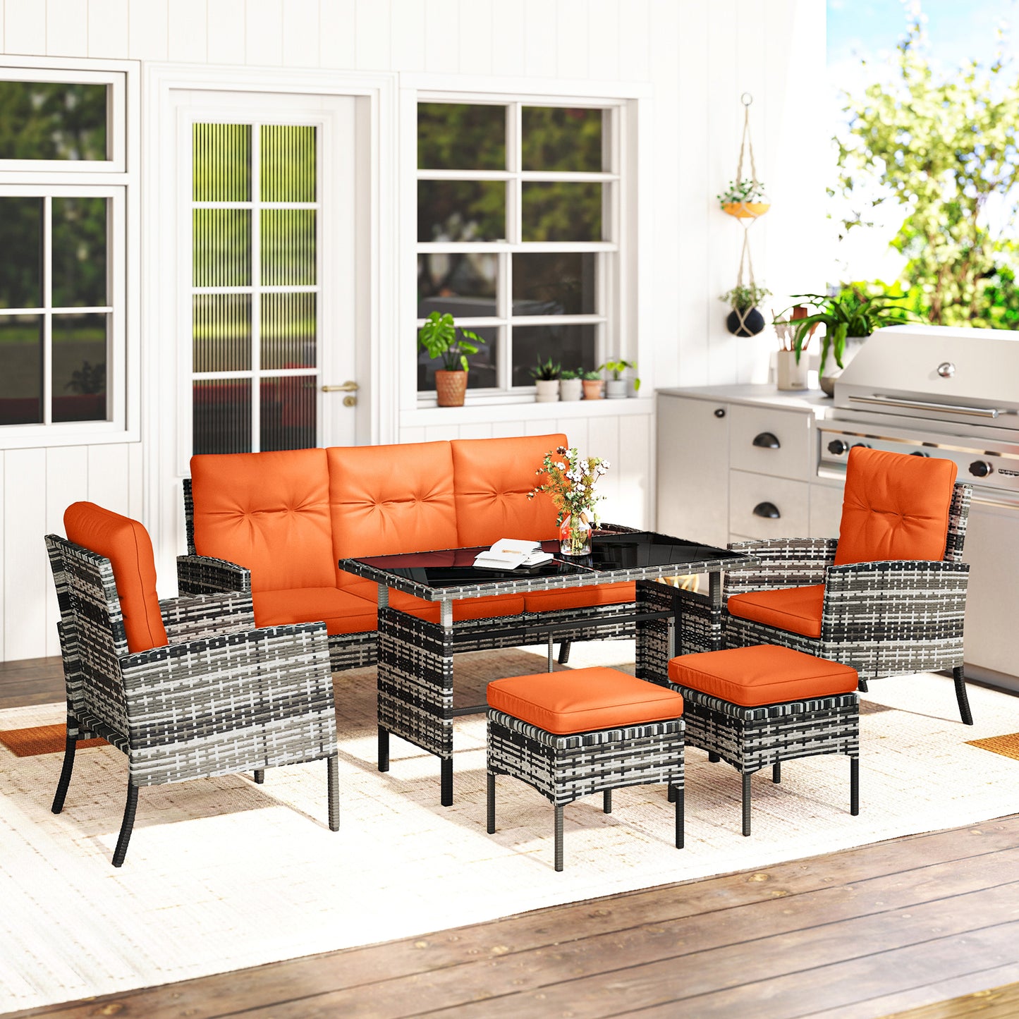 Outsunny 6 Piece Outdoor Rattan Garden Furniture Set With Dining Table And Cushions Orange