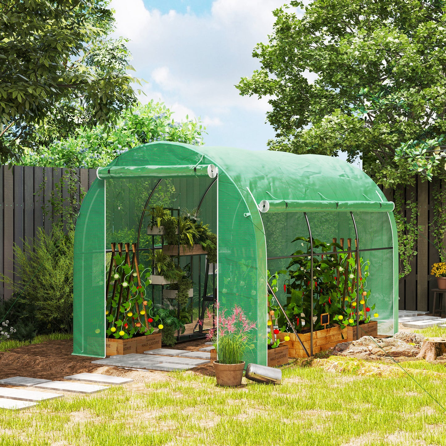 Outsunny 296 x 196cm Steel Frame Polytunnel Greenhouse for Outdoor Gardening and Shelving Green