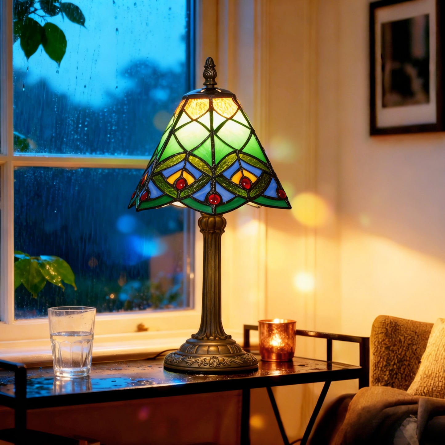 HOMCOM Tiffany Style Table Lamp Geometric Patterns Handcrafted Antique Stained Glass Bedside Lamp Green E27 Socket