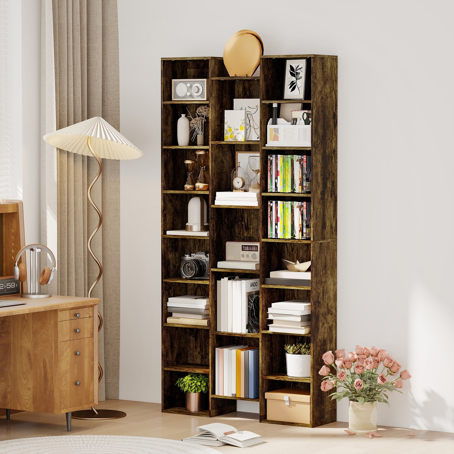 HOMCOM 21 Compartment Tall Bookshelf Brown With Adjustable Shelves And Modern Design