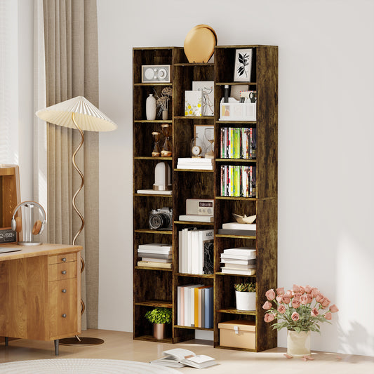 HOMCOM 21 Compartment Tall Bookshelf Brown With Adjustable Shelves And Modern Design