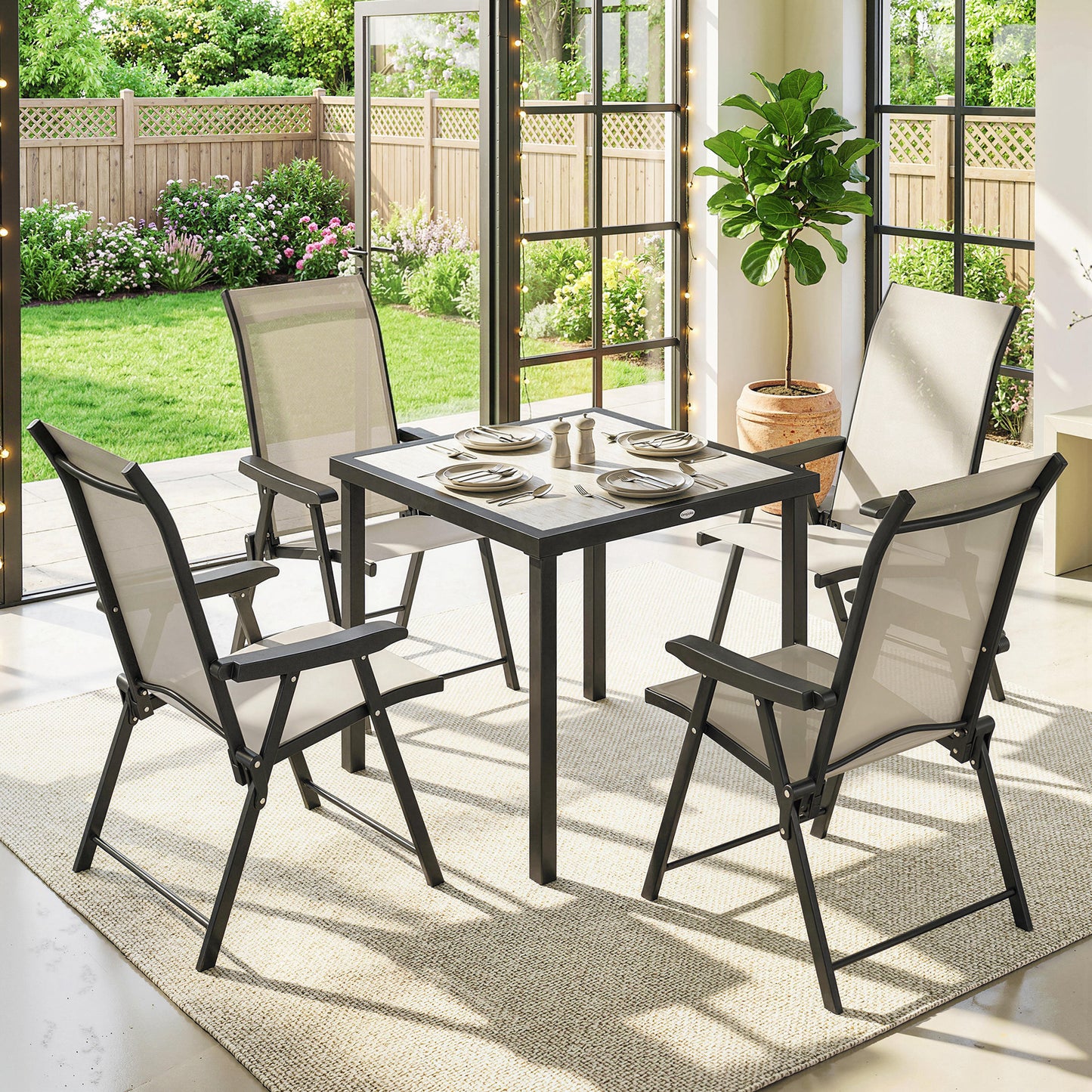 Outsunny 5 Piece Outdoor Dining Set for 4 with Square Table and Folding Chairs in Brown