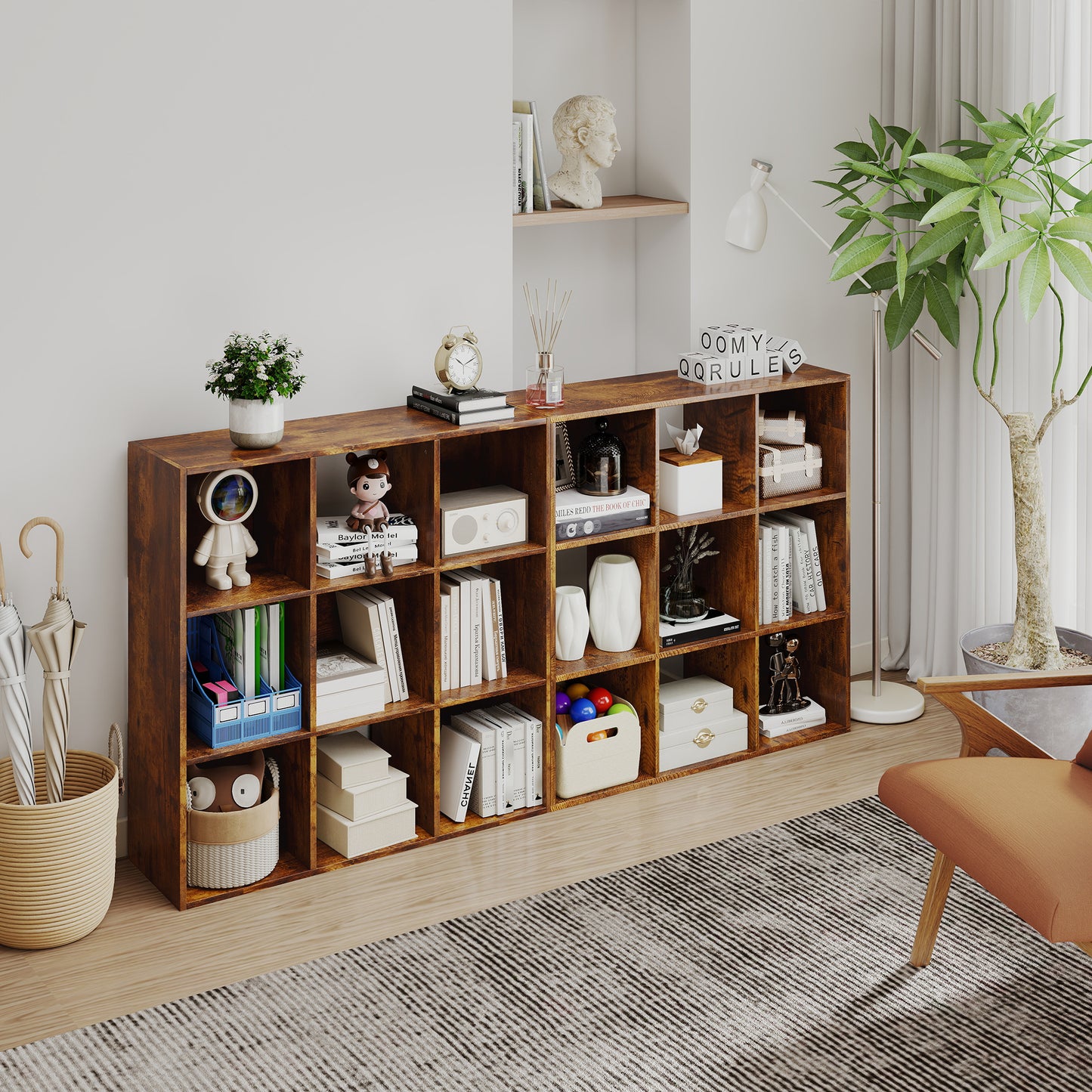 HOMCOM 3 Tier 9 Cube Storage Unit Rustic Brown Particle Board Bookcase Organizer For Home Office Shelves