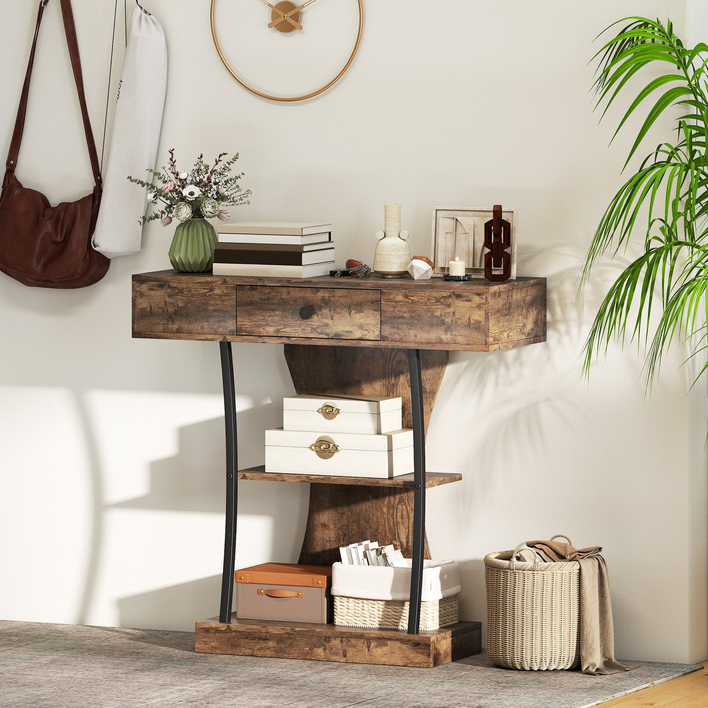 HOMCOM Console Table 3 Tier Industrial Hallway Table With Drawer And Storage Shelves Rustic Brown 91 32 87 cm