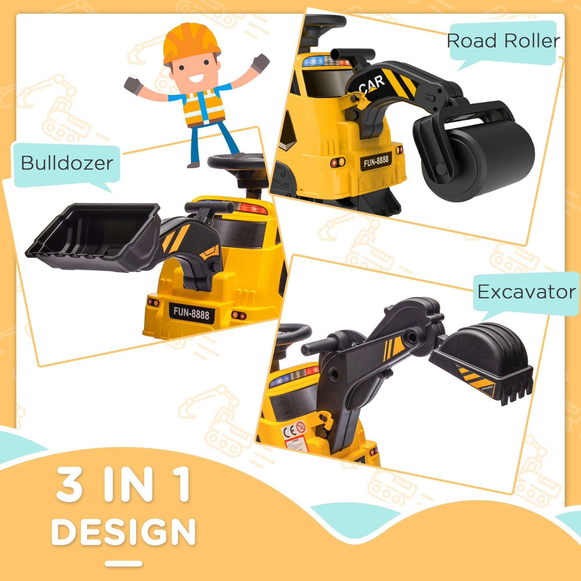 HOMCOM 3 in 1 Ride On Excavator, Bulldozer, Road Roller No Power w/ Music - ALL4U RETAILER LTD