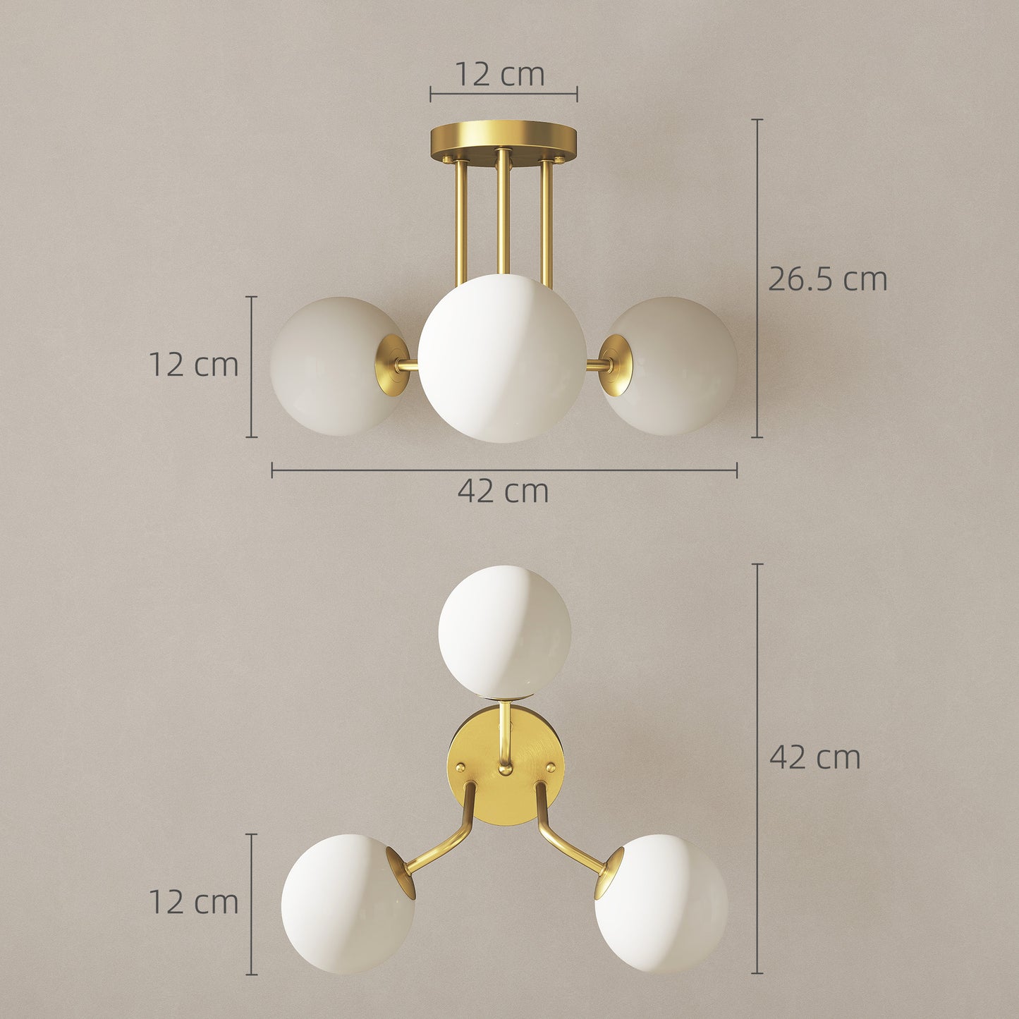 HOMCOM LED Ceiling Light With Globe Shades Modern 3 Light Fixture G9 Sockets Gold Tone For Living Room Bedroom Dining Room