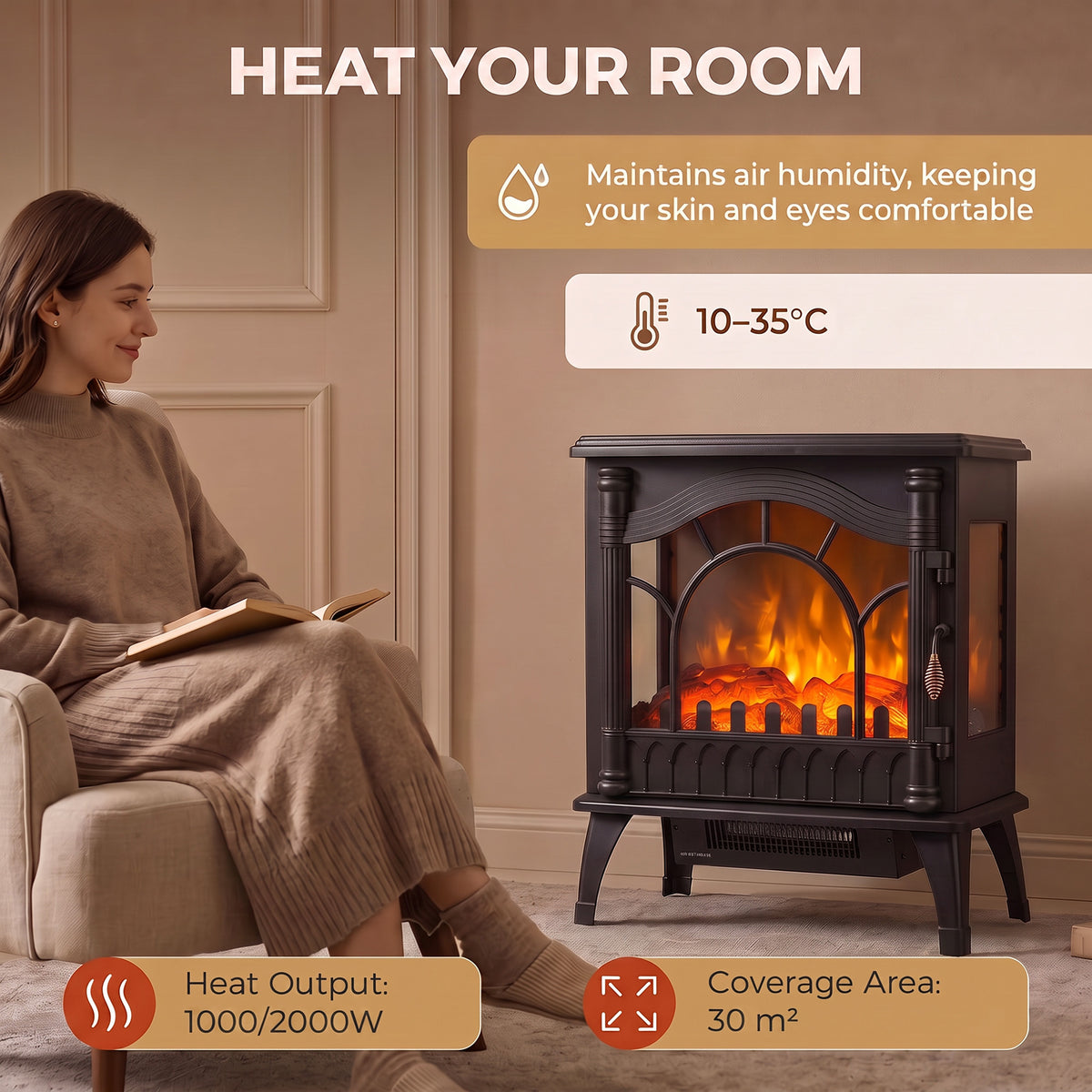 Black 3-sided glass electric fireplace stove heater with flame effect, room setting