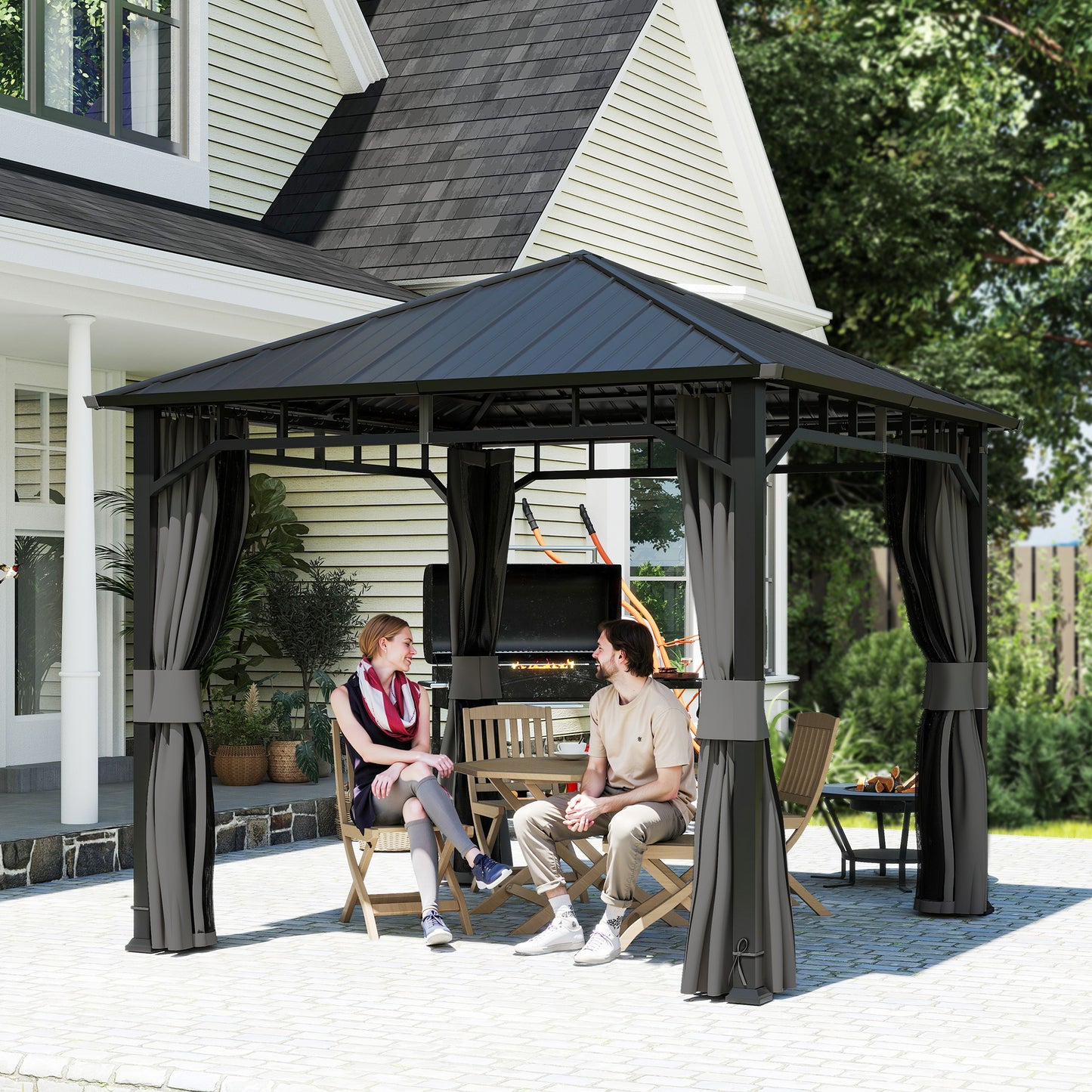 Outsunny 3x3m Hardtop Gazebo with Galvanised Steel Roof Waterproof Pavilion with Netting and Curtains for Patio Deck