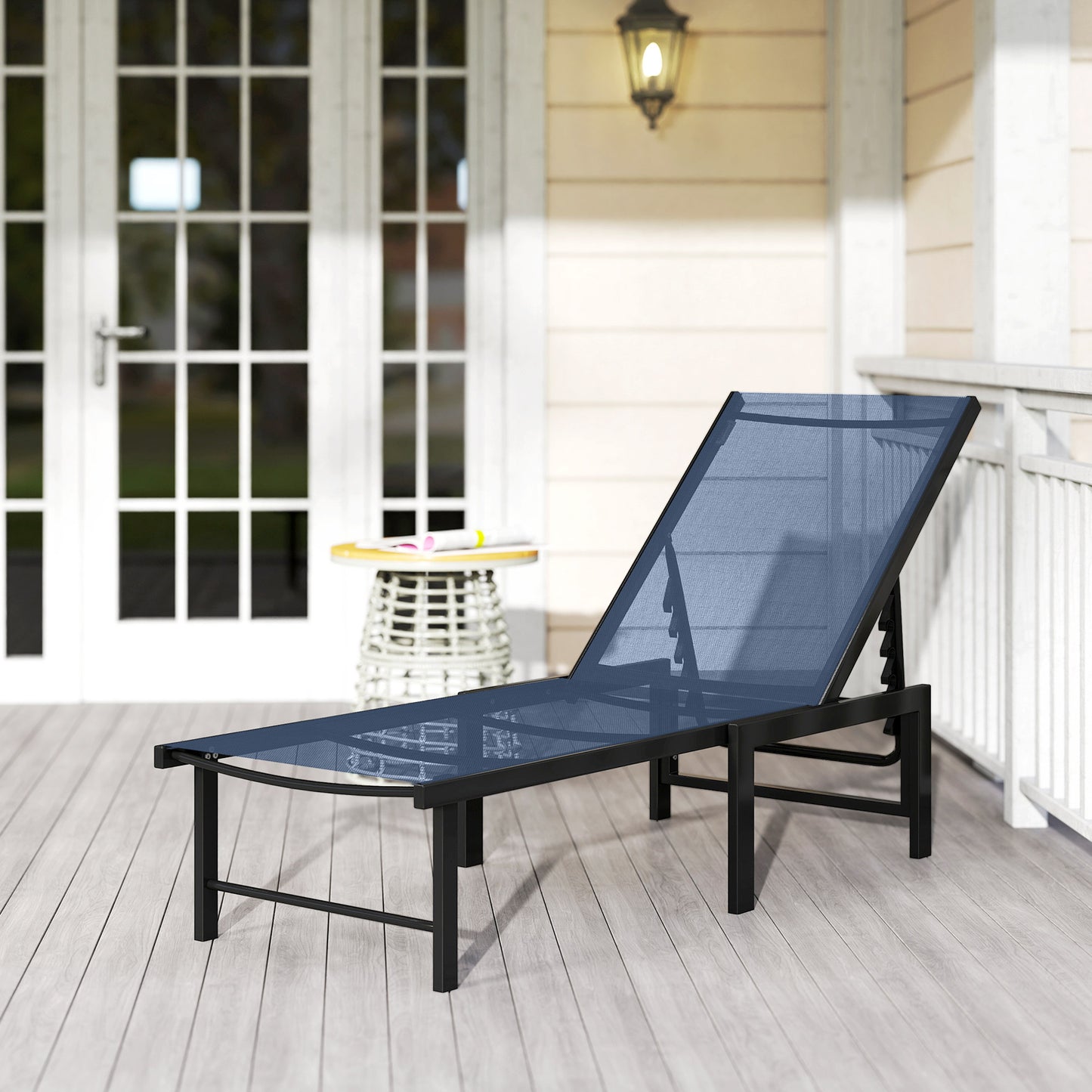 Outsunny Reclining Sun Lounger Dark Blue for Garden with Five Position Backrest and Texteline Seat