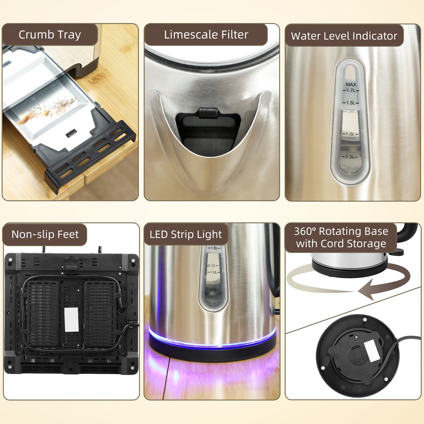 HOMCOM Kettle And Toaster Set 1.7L 3000W Rapid Boil Kettle With Limescale Filter 7 Browning Controls LED Strip Silver