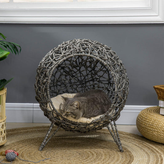 PawHut Silver-Tone and Grey Rattan Elevated Cat Bed - Removable Cushion - ALL4U RETAILER LTD
