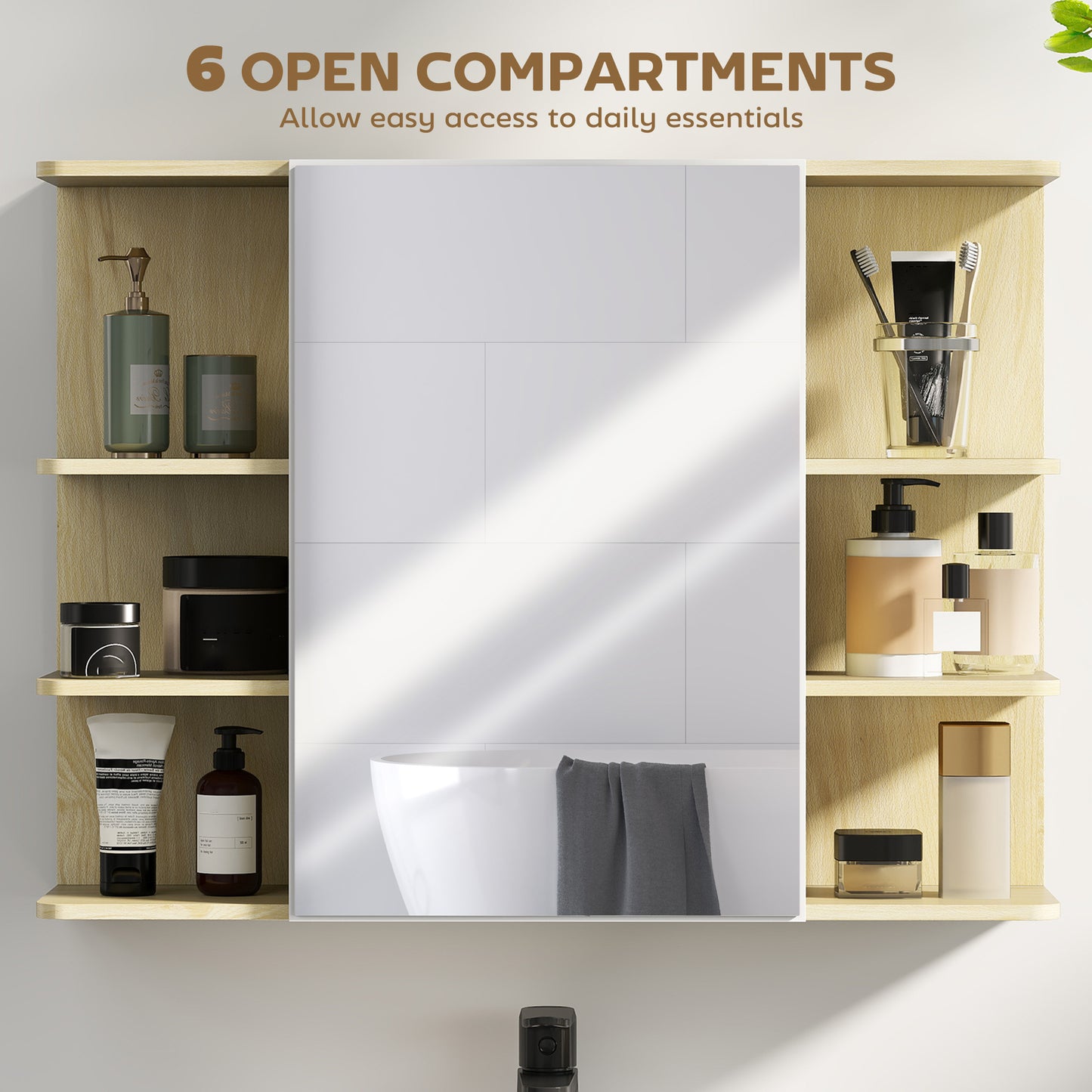 HOMCOM Bathroom Mirror Cabinet With Open Shelves And Hidden Storage In Natural Wood Finish