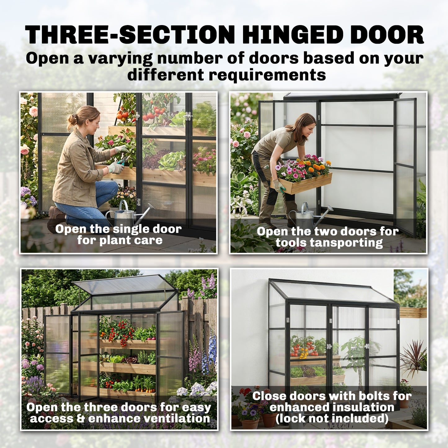 Outsunny Polycarbonate Greenhouse With Three Hinged Doors Top Vent Lean To Walk In 6 X 1.5ft Black