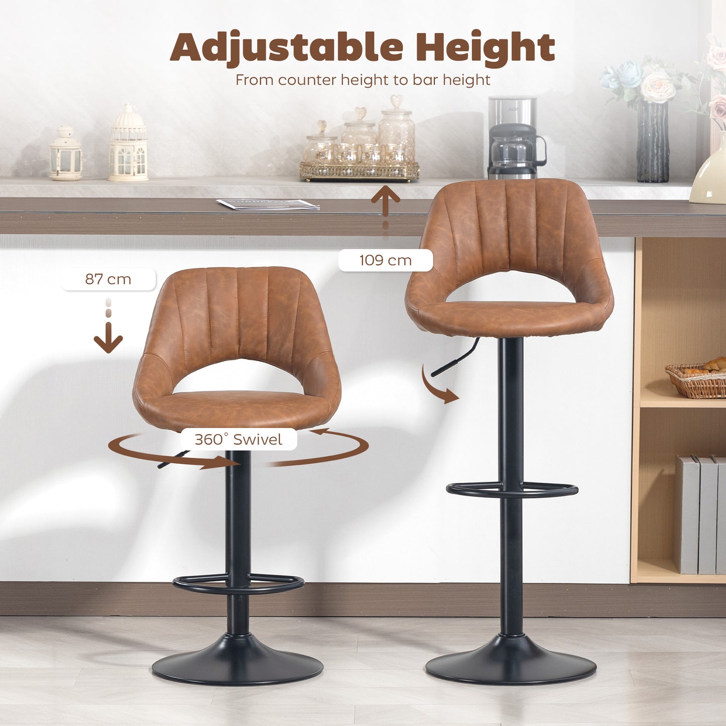 HOMCOM Set Of 2 Bar Stools With Backrest And Footrest PU Leather Swivel Kitchen Counter Stools Brown