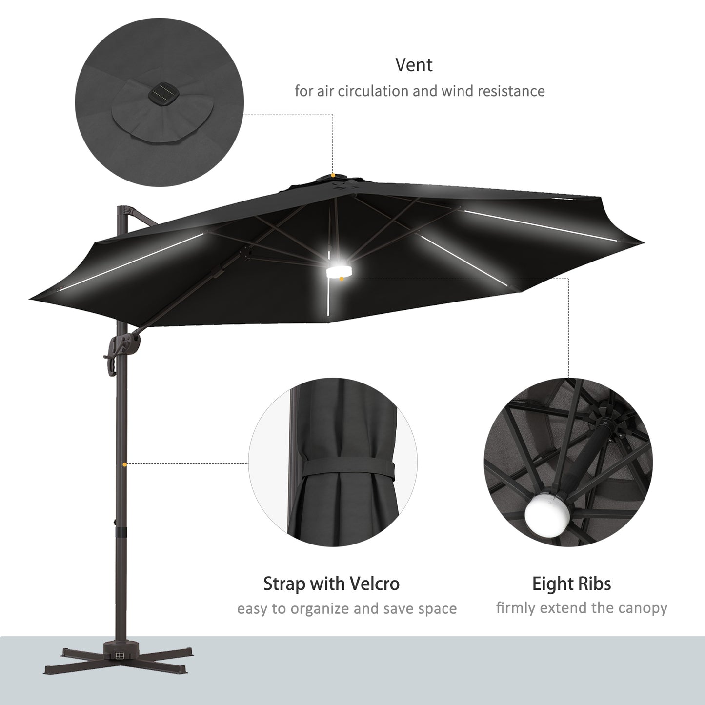 Outsunny Dark Grey 3m LED Cantilever Sun Umbrella with Solar Lights and Base for Outdoor Spaces - ALL4U RETAILER LTD