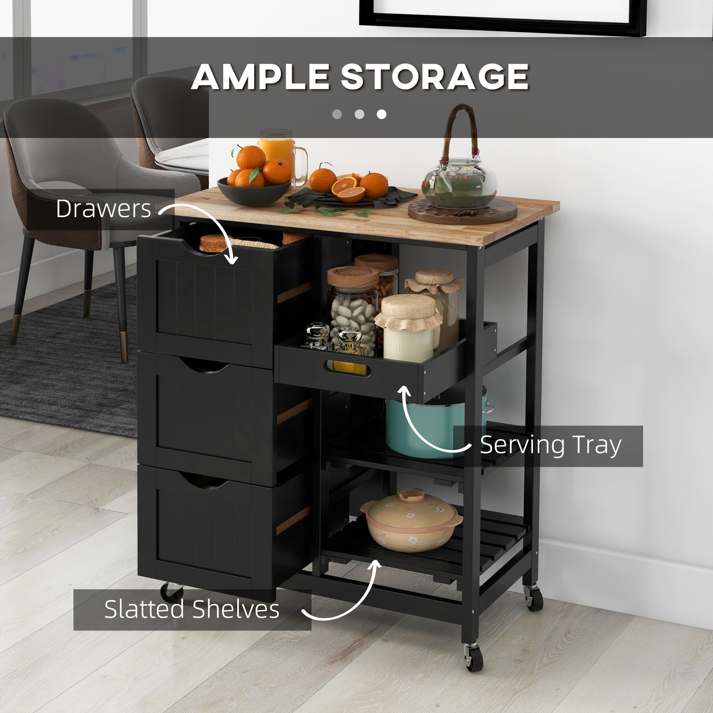 HOMCOM Rolling Kitchen Island Cart With Wood Top Shelves And Drawers Bar Serving Trolley On Wheels For Dining Room Black